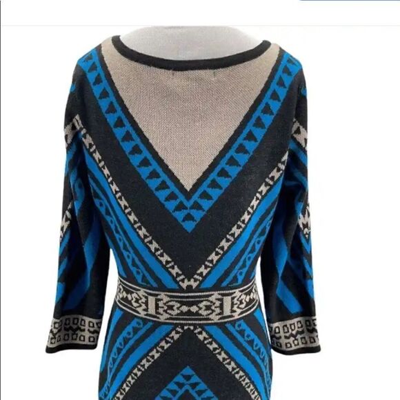 FLYING TOMATO Blue black print knit bodycon holiday party sweater dress S - Picture 7 of 7